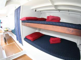 British Defender - Interior Midship Bunks and Table